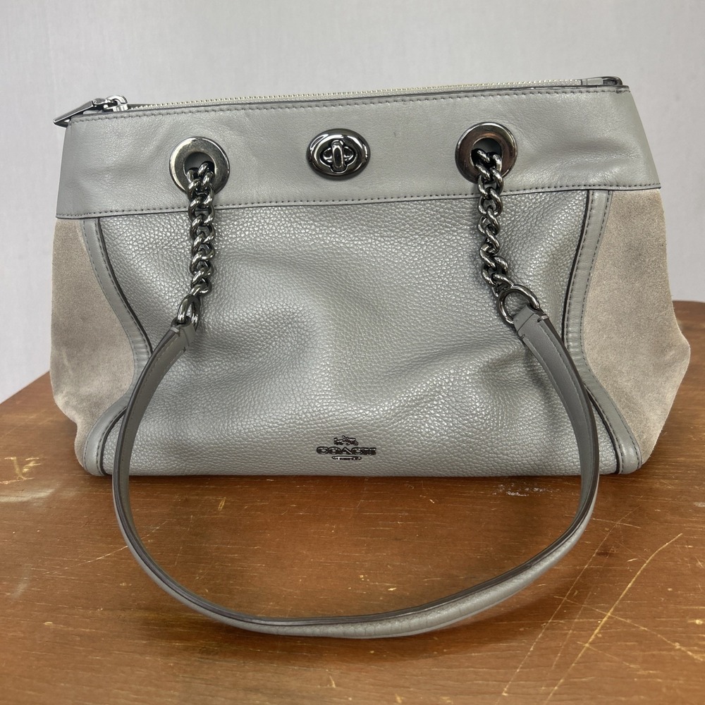 COACH 20165 Turnlock Edie Carryall Gray Pebbled Leather & Suede Shoulder Bag